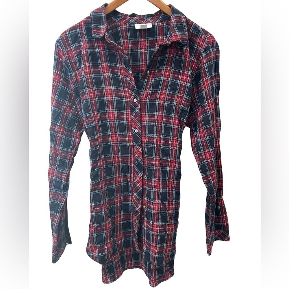 J Jill plaid button down shirt. Size Medium. Long too with a waist tie.